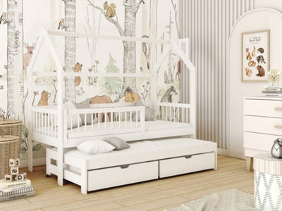 Wooden Single Bed Papi With Trundle in White W1980mm x H1580mm x D970mm