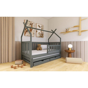 Wooden Single Bed Tytus With Trundle and Foam/Bonnell Mattresses in Graphite W1980mm x H1660mm x D970mm