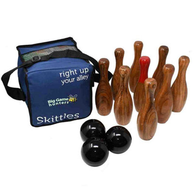 Wooden Skittles Game Set - Indoor & Outdoor - Premium Polished Hardwood Lawn Bowling Game