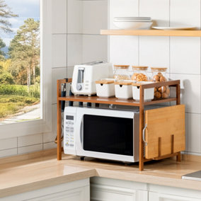 Wooden Spice Racks Kitchen Countertop Storage Rack Microwave Organiser Shelf for Kitchen Counter with Hooks