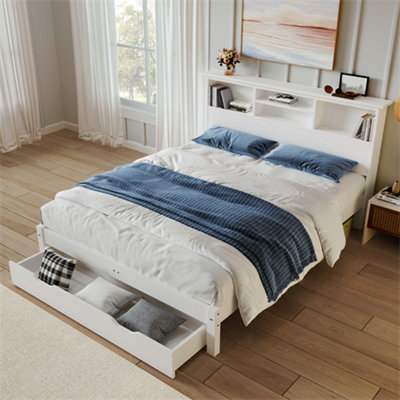 Wooden Storage Bed Bookcase Double Bed Frame with Shelves White Bed with Underbed Drawer-4FT6 Double Frame Only
