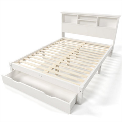 Wooden Storage Bed Bookcase Double Bed Frame with Shelves White Bed with Underbed Drawer-4FT6 Double Frame Only