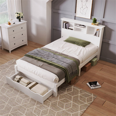 Wooden Storage Bed Bookcase Single Bed Frame with Shelves White Bed with Underbed Drawer 3FT Single