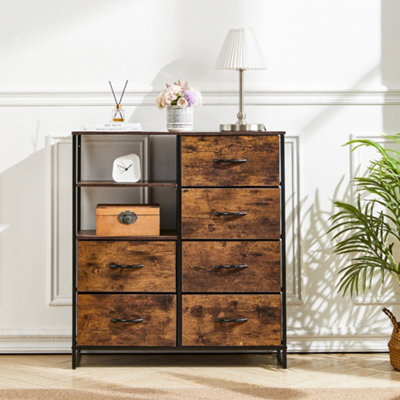 Wooden Storage Cabinet with 6 Drawers and Open Shelves