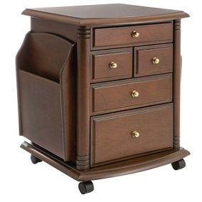 Wooden Storage Table - Portable Side Table With 5 Drawers, 2 Magazine Racks & Castors - Mahogany, H47 x W43 x D37cm