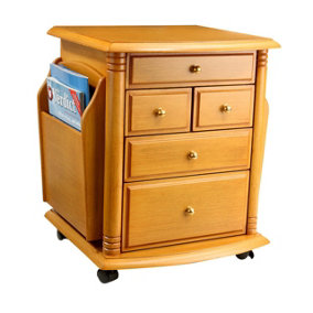 Wooden Storage Table - Portable Side Table With 5 Drawers, 2 Magazine Racks & Castors - Oak, H47 x W43 x D37cm