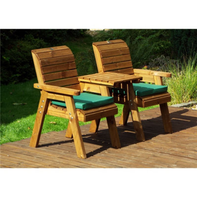 Wooden Straight Love Seat With 2x Chair Cushion Green & 1x Fitted Cover