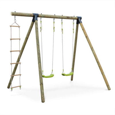 Wooden swing set with two swings and climbing rope ladder - pressure ...