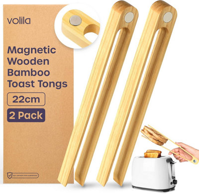 Wooden Tongs 2 Pack (22cm) Magnetic Bamboo Toast Tongs for Cooking and Grilling Aesthetic, Non Stick Friendly