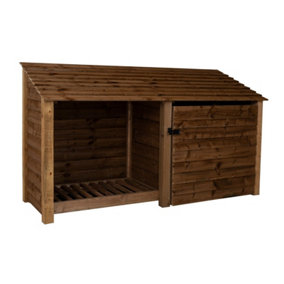 Wooden tool and log store, garden storage W-227cm, H-126, D-88cm - brown finish