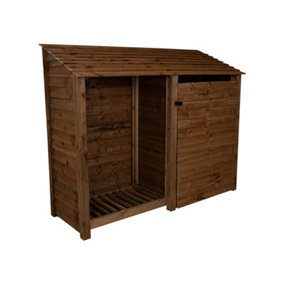 Wooden tool and log store, garden storage W-227cm, H-180cm, D-88cm - brown finish