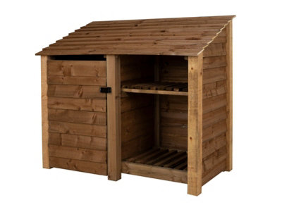 Wooden tool and log store, garden storage with shelf W-146cm, H-126, D-88cm - brown finish