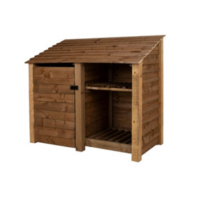 Wooden tool and log store, garden storage with shelf W-146cm, H-126, D-88cm - brown finish