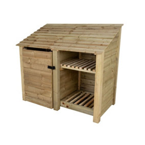 Wooden tool and log store, garden storage with shelf W-146cm, H-126, D-88cm - natural (light green) finish