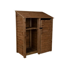 Wooden tool and log store, garden storage with shelf W-146cm, H-180cm, D-88cm - brown finish