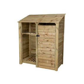 Wooden tool and log store, garden storage with shelf W-146cm, H-180cm, D-88cm - natural (light green) finish