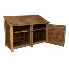 Wooden tool and log store, garden storage with shelf W-187cm, H-126, D-88cm - brown finish