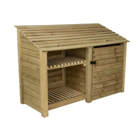 Wooden tool and log store, garden storage with shelf W-187cm, H-126, D-88cm - natural (light green) finish