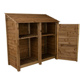 Wooden tool and log store, garden storage with shelf W-187cm, H-180cm, D-88cm - brown finish