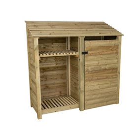 Wooden tool and log store, garden storage with shelf W-187cm, H-180cm, D-88cm - natural (light green) finish