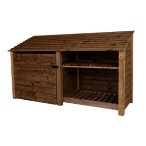 Wooden tool and log store, garden storage with shelf W-227cm, H-126, D-88cm - brown finish