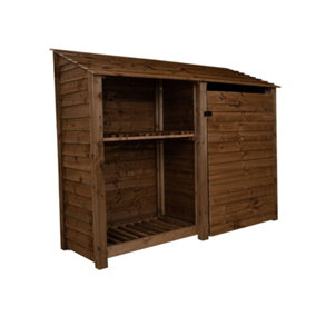 Wooden tool and log store, garden storage with shelf W-227cm, H-180cm, D-88cm - brown finish