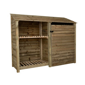 Wooden tool and log store, garden storage with shelf W-227cm, H-180cm, D-88cm - natural (light green) finish