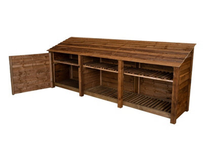 Wooden tool and log store, garden storage with shelf W-335cm, H-126, D-88cm - brown finish