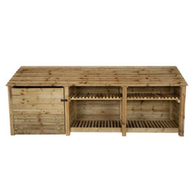 Wooden tool and log store, garden storage with shelf W-335cm, H-126, D-88cm - natural (light green) finish