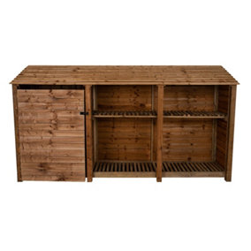 Wooden tool and log store, garden storage with shelf W-335cm, H-180cm, D-88cm - brown finish