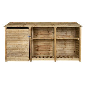 Wooden tool and log store, garden storage with shelf W-335cm, H-180cm, D-88cm - natural (light green) finish