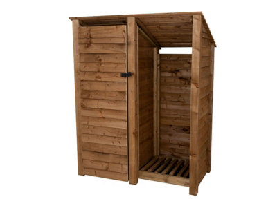 Wooden tool and log store (roof sloping back), garden storage W-146cm, H-180cm, D-88cm - brown finish