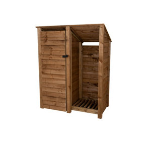 Wooden tool and log store (roof sloping back), garden storage W-146cm, H-180cm, D-88cm - brown finish