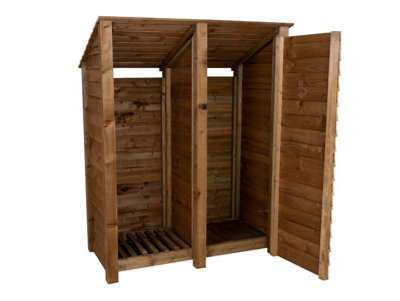 Wooden tool and log store (roof sloping back), garden storage W-146cm, H-180cm, D-88cm - brown finish