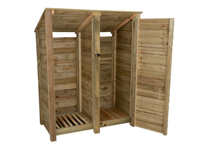 Wooden tool and log store (roof sloping back), garden storage W-146cm, H-180cm, D-88cm - natural (light green) finish