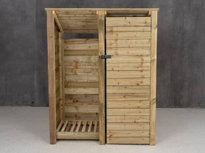 Wooden tool and log store (roof sloping back), garden storage W-146cm, H-180cm, D-88cm - natural (light green) finish