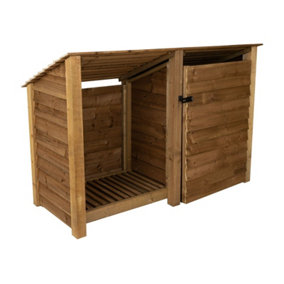 Wooden tool and log store (roof sloping back), garden storage W-187cm, H-126, D-88cm - brown finish