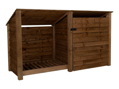 Wooden tool and log store (roof sloping back), garden storage W-227cm, H-126, D-88cm - brown finish