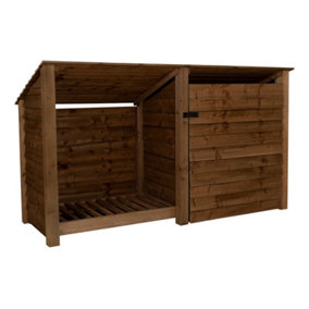 Wooden tool and log store (roof sloping back), garden storage W-227cm, H-126, D-88cm - brown finish