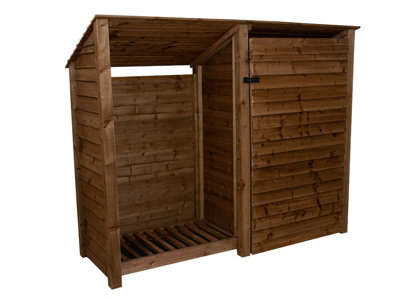 Wooden tool and log store (roof sloping back), garden storage W-227cm, H-180cm, D-88cm - brown finish