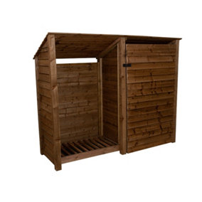 Wooden tool and log store (roof sloping back), garden storage W-227cm, H-180cm, D-88cm - brown finish