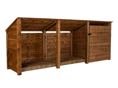 Wooden tool and log store (roof sloping back), garden storage W-335cm, H-126, D-88cm - brown finish