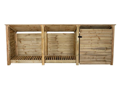 Wooden tool and log store (roof sloping back), garden storage W-335cm, H-126, D-88cm - natural (light green) finish