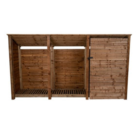 Wooden tool and log store (roof sloping back), garden storage W-335cm, H-180cm, D-88cm - brown finish