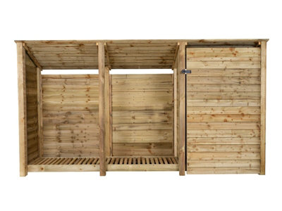 Wooden tool and log store (roof sloping back), garden storage W-335cm, H-180cm, D-88cm - natural (light green) finish