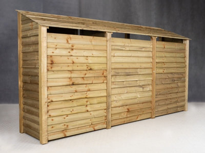 Wooden tool and log store (roof sloping back), garden storage W-335cm, H-180cm, D-88cm - natural (light green) finish