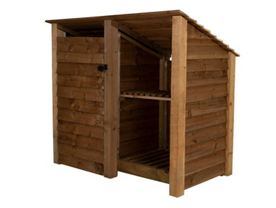 Wooden tool and log store (roof sloping back), garden storage with shelf W-146cm, H-126, D-88cm - brown finish