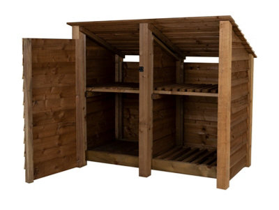 Wooden tool and log store (roof sloping back), garden storage with shelf W-146cm, H-126, D-88cm - brown finish