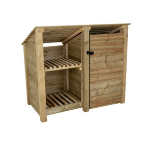 Wooden tool and log store (roof sloping back), garden storage with shelf W-146cm, H-126, D-88cm - natural (light green) finish