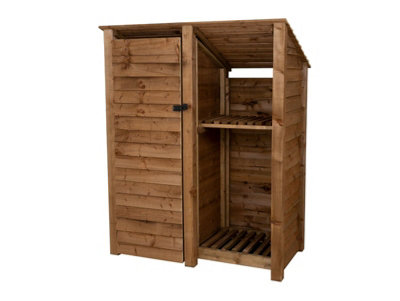 Wooden tool and log store (roof sloping back), garden storage with shelf W-146cm, H-180cm, D-88cm - brown finish